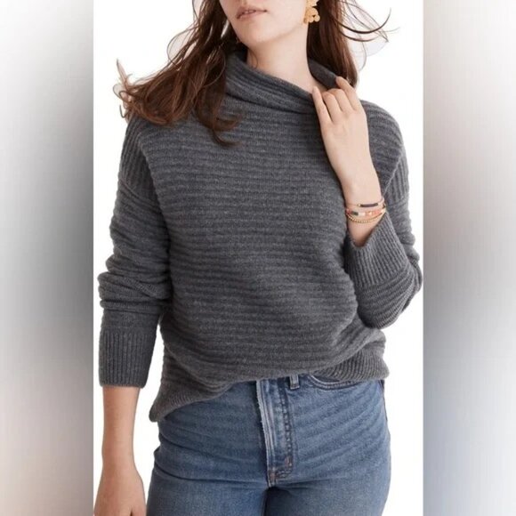 Madewell Belmont Mock Neck Sweater S Chunky Ribbed Knit Relaxed Fit Gray - Picture 1 of 9